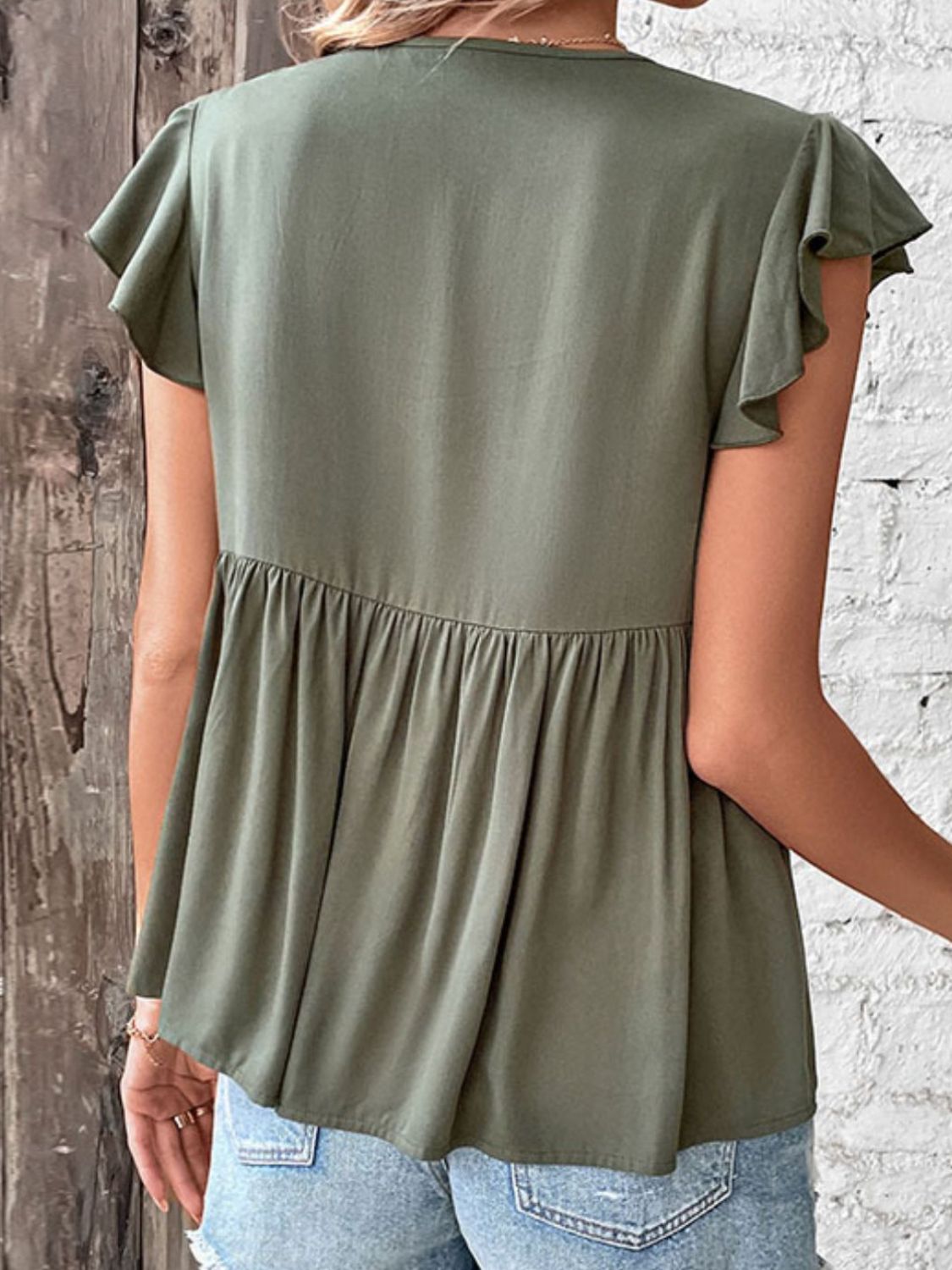Buttoned Tie Neck Flutter Sleeve Babydoll Top
