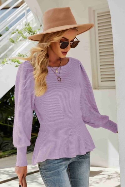 (No)Ribbed Round Neck Lantern Sleeve Sweater