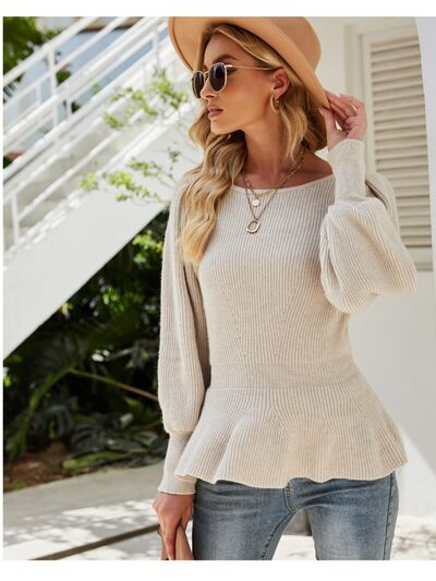(No)Ribbed Round Neck Lantern Sleeve Sweater