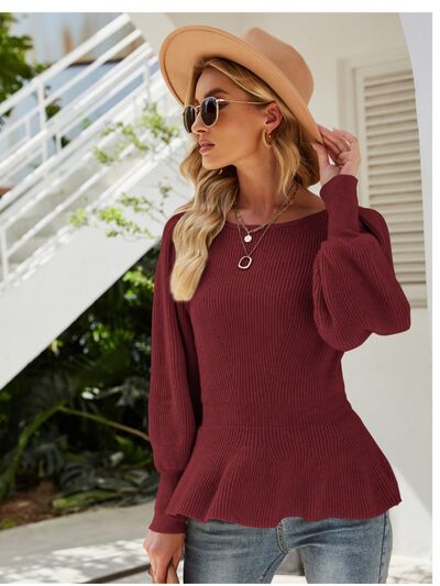 (No)Ribbed Round Neck Lantern Sleeve Sweater