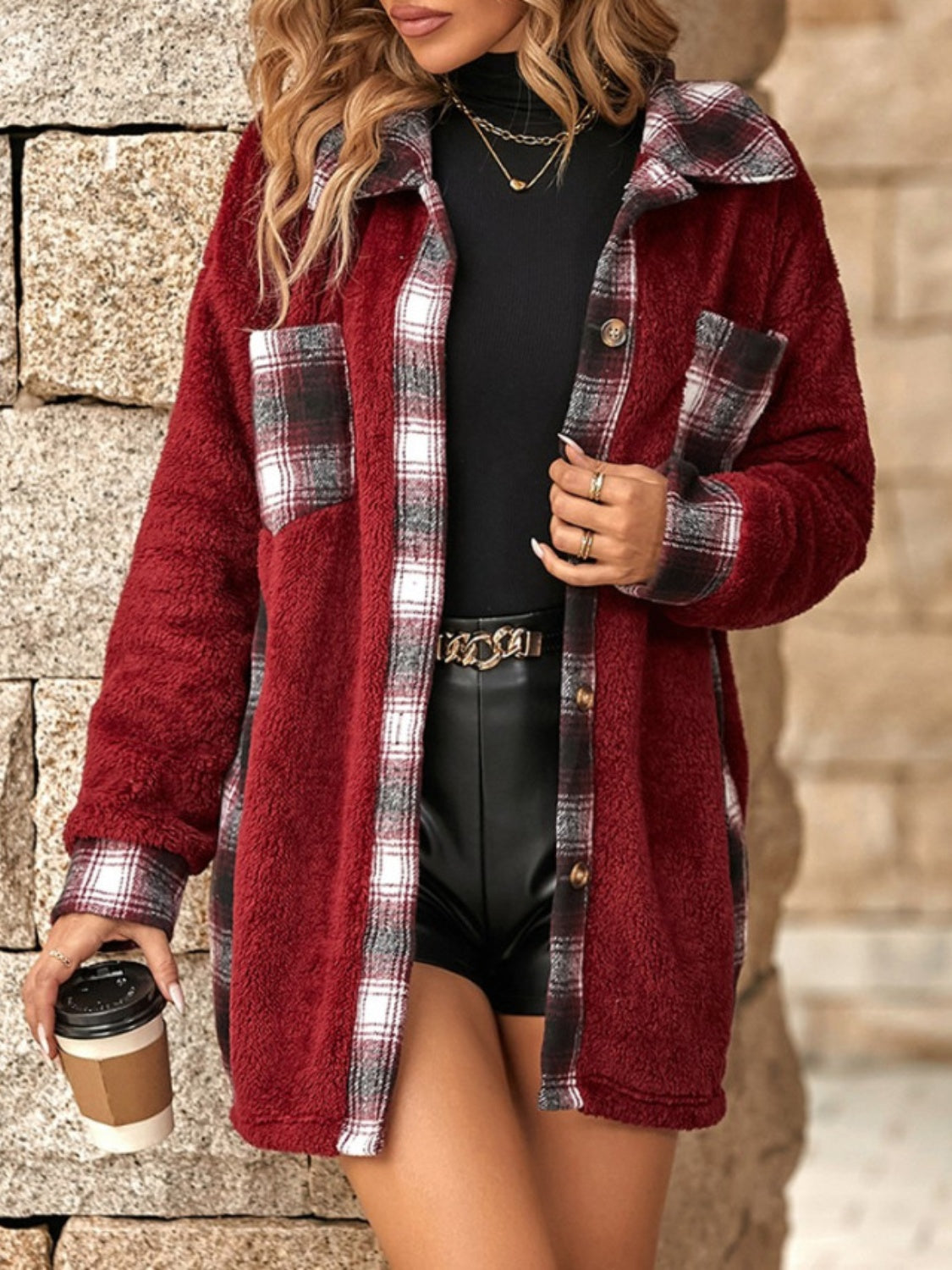 Plaid Button Up Long Sleeve Fuzzy Outerwear