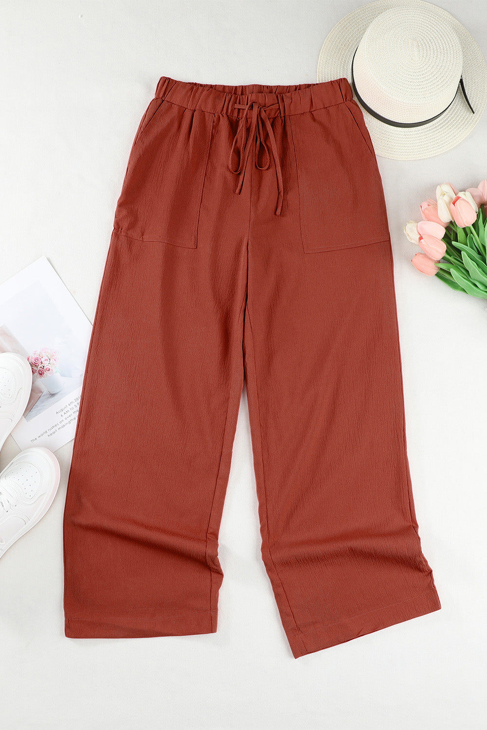 Drawstring Waist Crinkled Wide Leg Pants