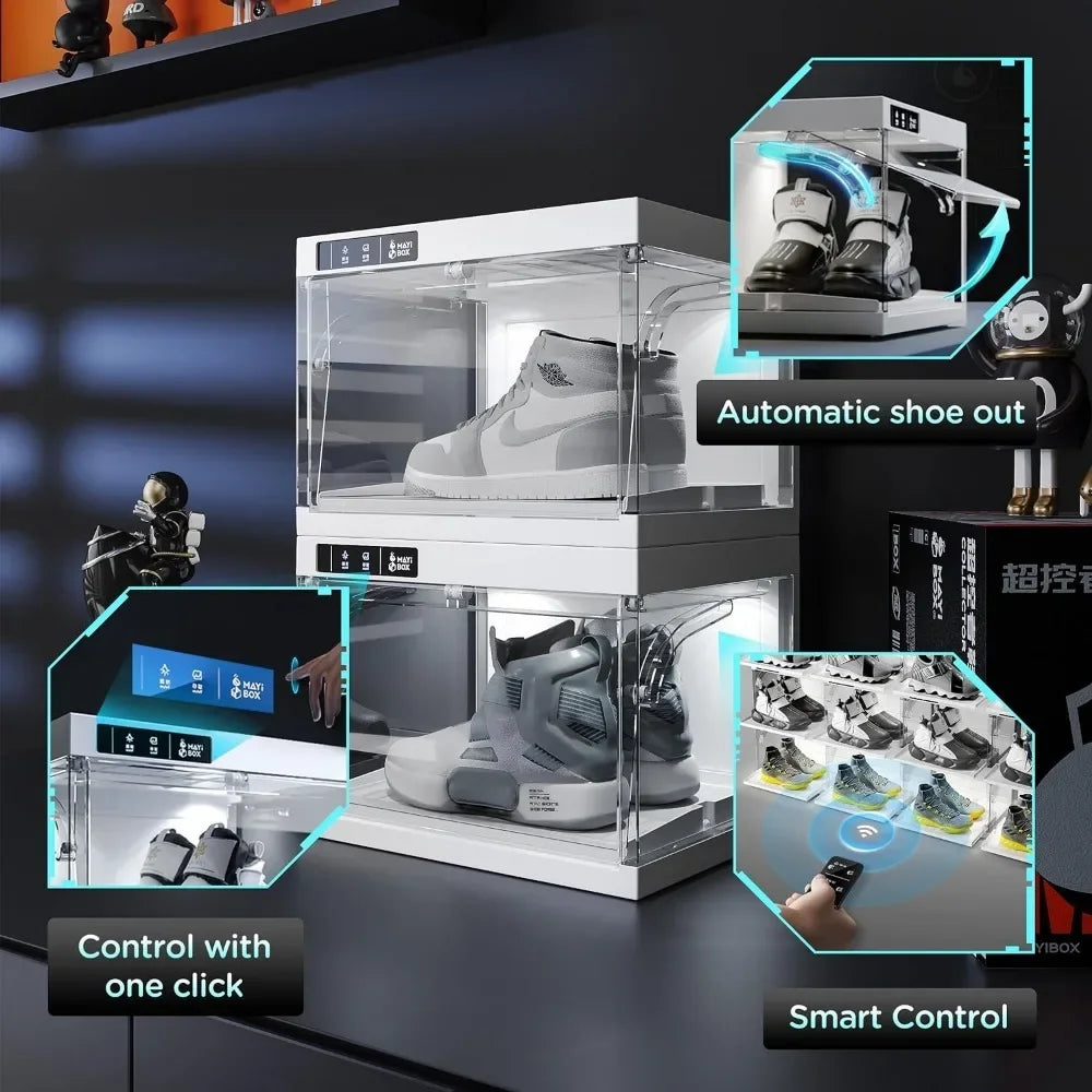 Shoe LED Smart Control,Auto-Shoe Boxes Clear Plastic Stackable for Sneaker Display Case and Collection Crate,Storage 4pack White