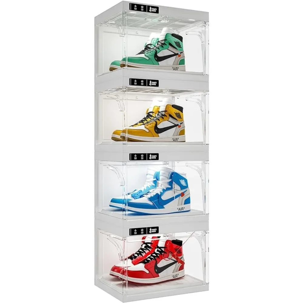 Shoe LED Smart Control,Auto-Shoe Boxes Clear Plastic Stackable for Sneaker Display Case and Collection Crate,Storage 4pack White