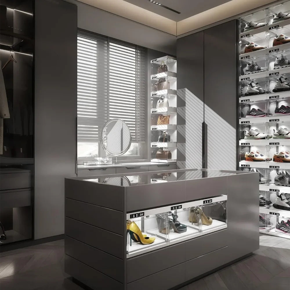 Shoe LED Smart Control,Auto-Shoe Boxes Clear Plastic Stackable for Sneaker Display Case and Collection Crate,Storage 4pack White