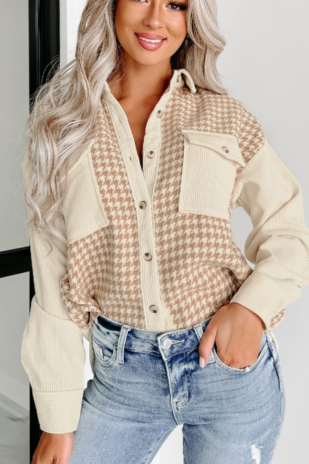 Houndstooth Button Up Long Sleeve Jacket