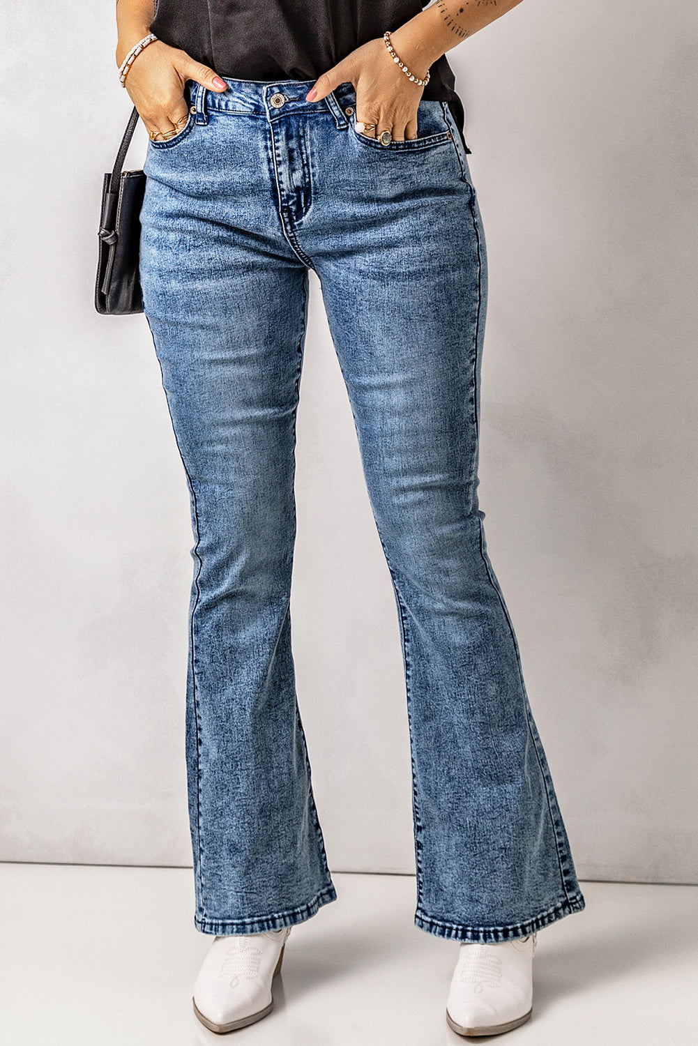 Vintage Wash Flare Jeans with Pockets