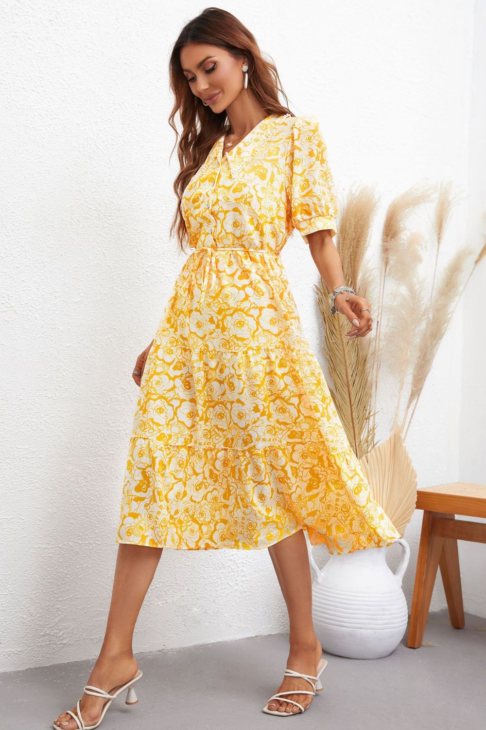 Floral Collared Neck Puff Sleeve Midi Dress