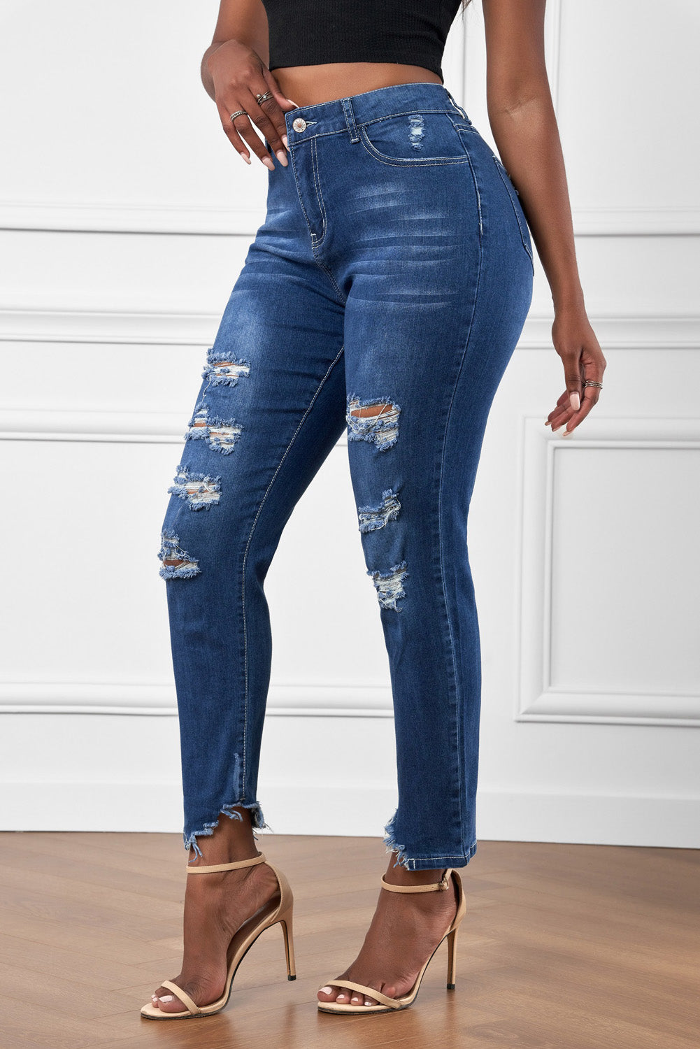 High-Rise Distressed Hem Detail Jeans