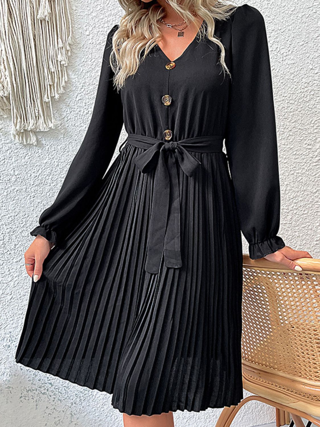 Decorative Button Belted Puff Sleeve Pleated Dress