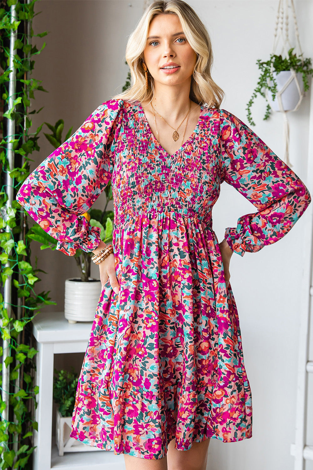 Floral Smocked V-Neck Flounce Sleeve Dress