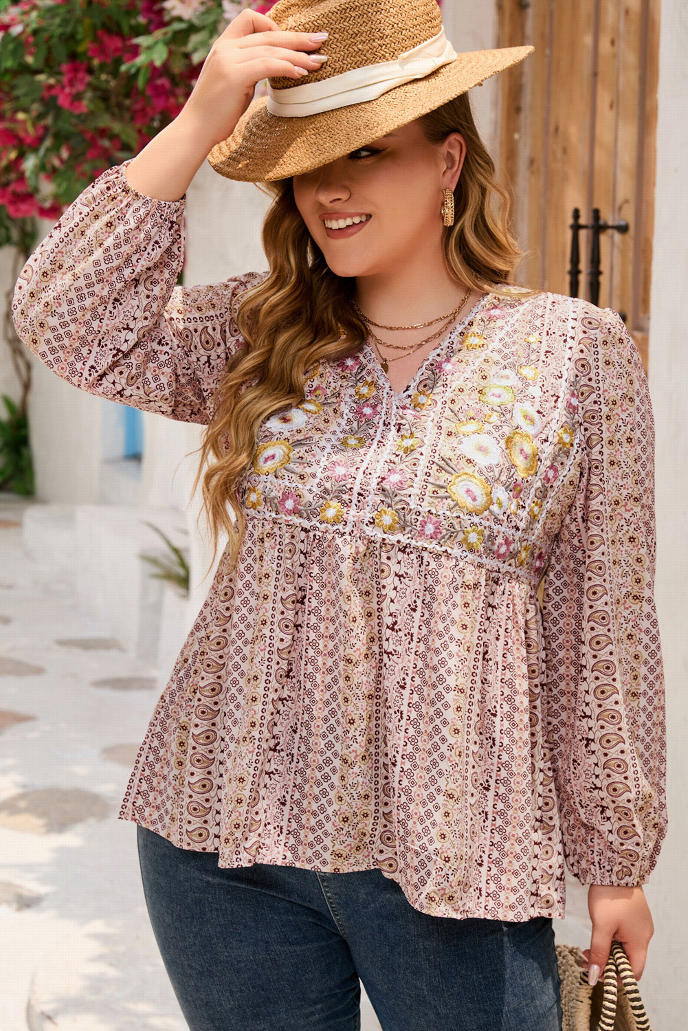 Plus Size V-Neck Printed Long Sleeve Blouse