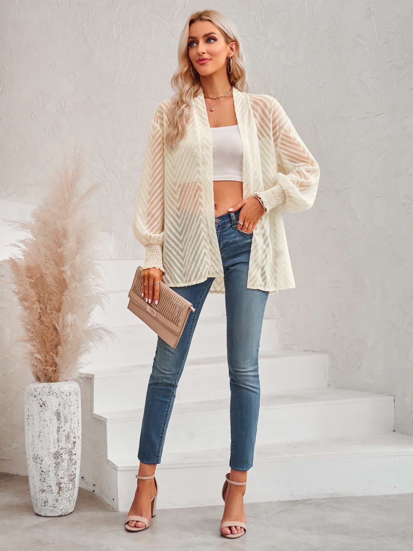 Lantern Sleeve Open Front Sheer Cardigan