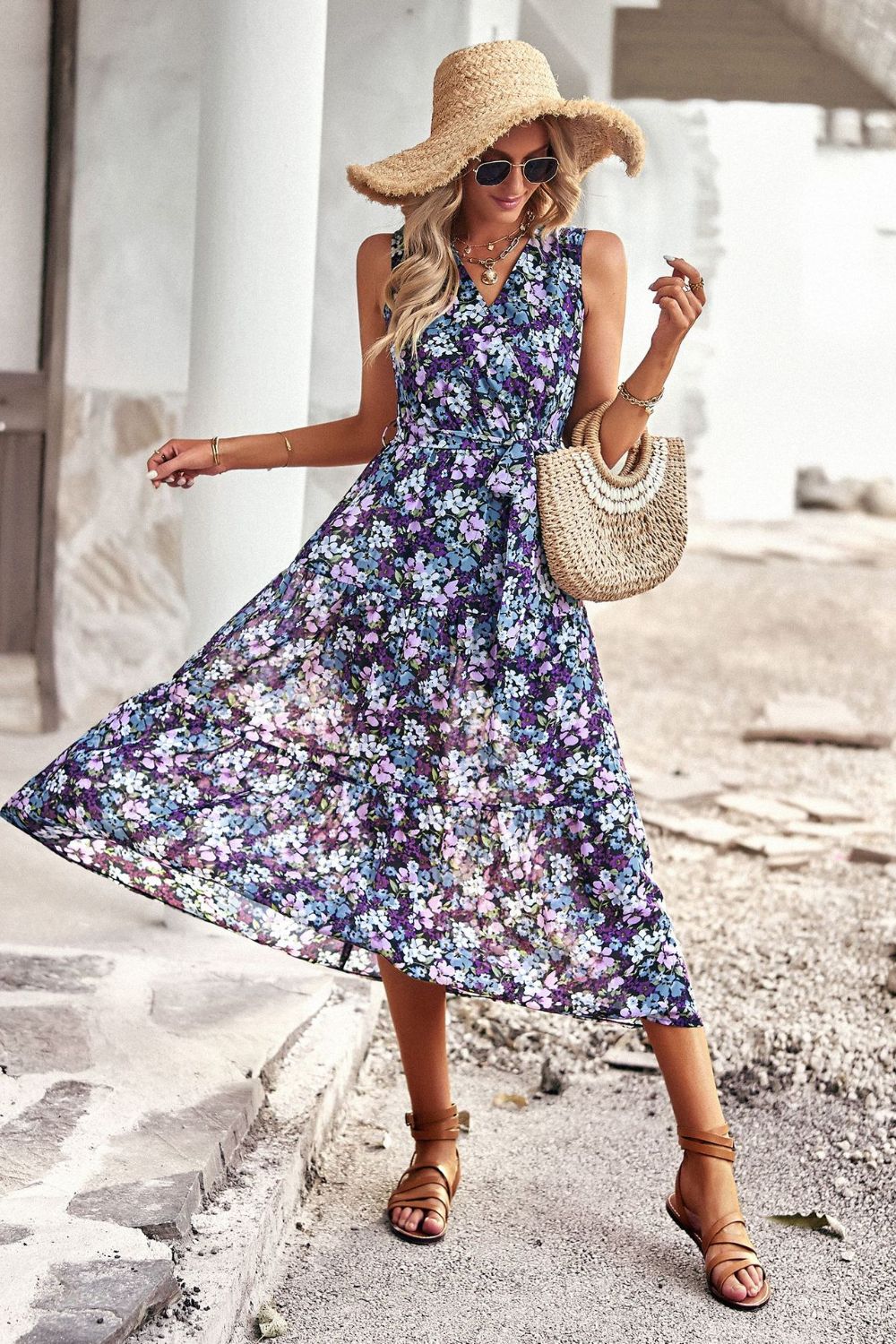 Floral Belted Surplice Sleeveless Tiered Dress