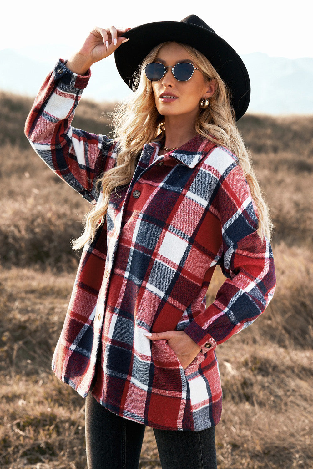 Double Take Plaid Dropped Shoulder Pocketed Shirt Jacket