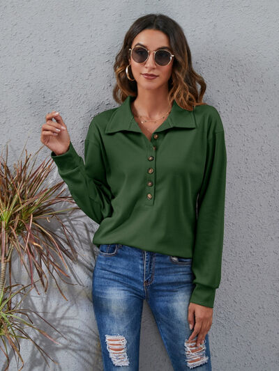 Half Button Dropped Shoulder Blouse