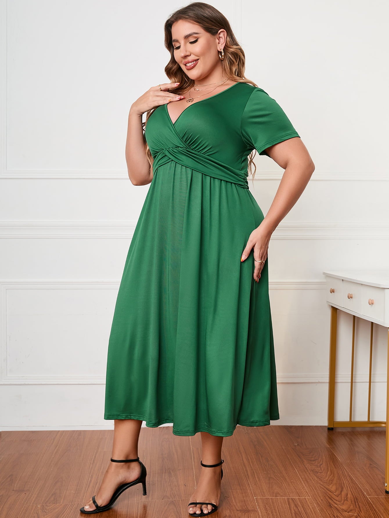 Plus Size Short Sleeve Surplice Neck Midi Dress