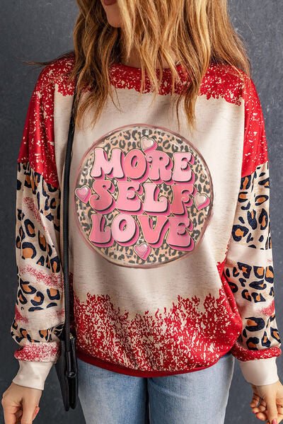 MORE SELF LOVE Leopard Round Neck Sweatshirt