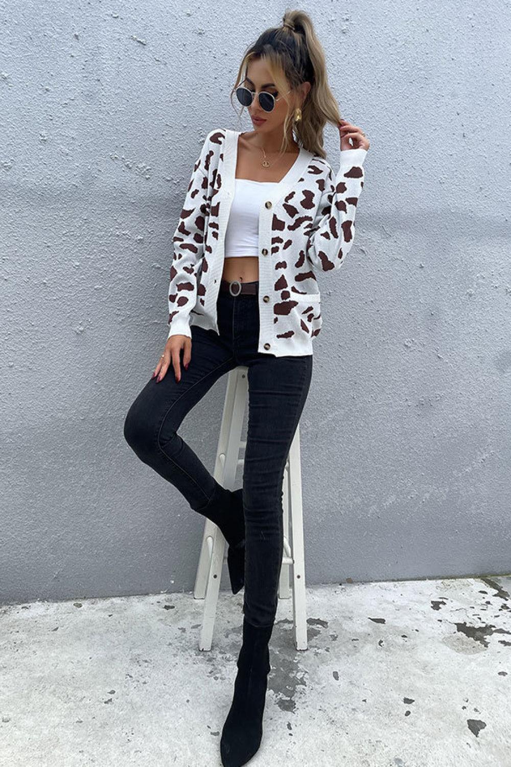 Animal Print Button Front Sweater Cardigan