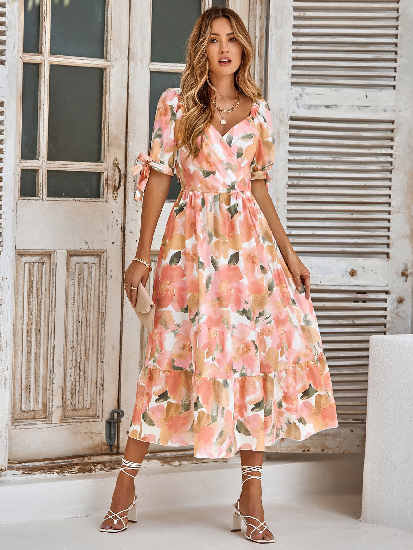 Floral Tie Cuff Surplice Neck Dress