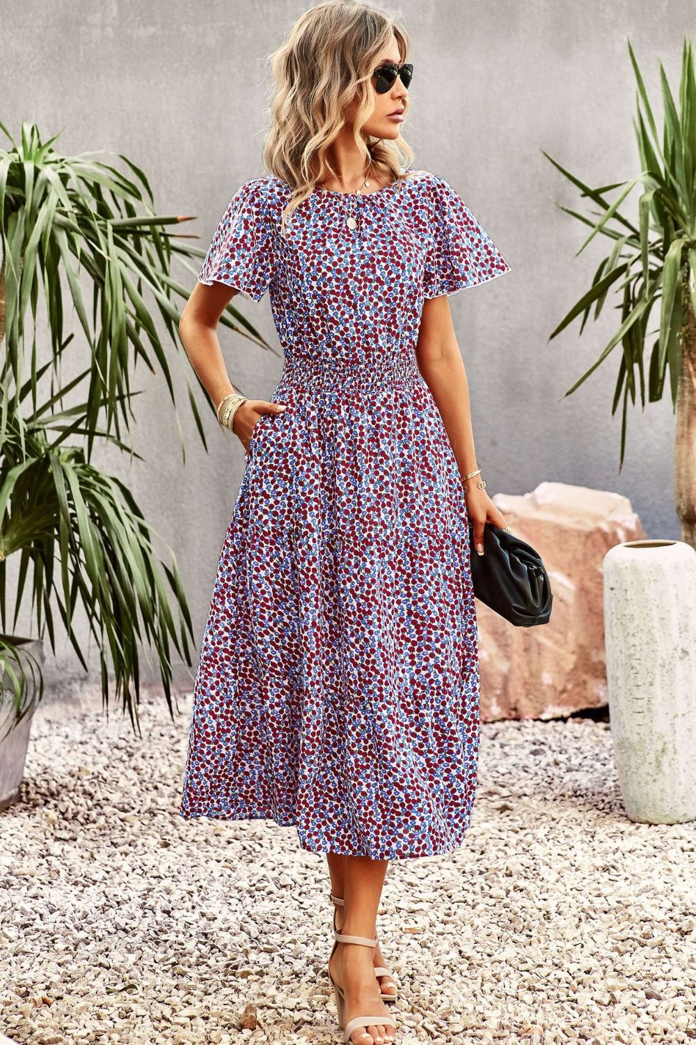 Floral Puff Sleeve Tiered Midi Dress