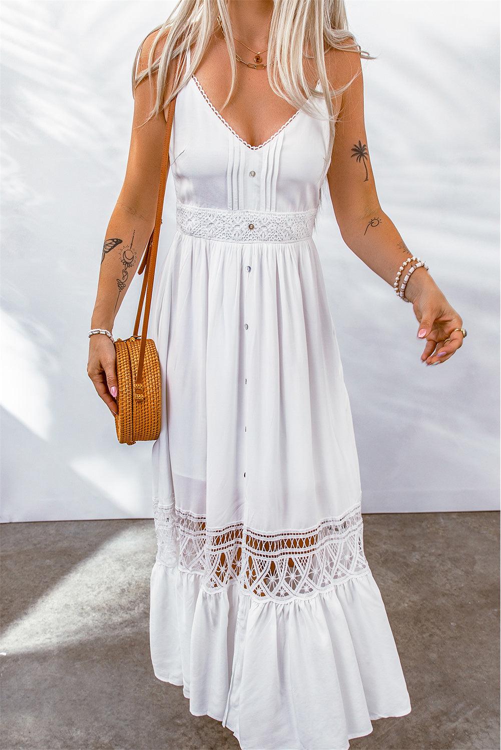 Buttoned Spliced Lace Spaghetti Strap Maxi Dress