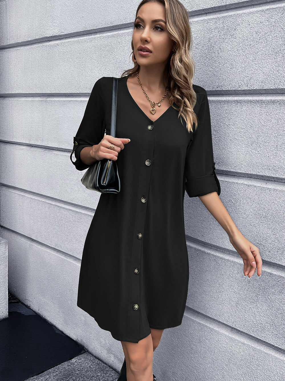 Button Down V-Neck Mini Dress