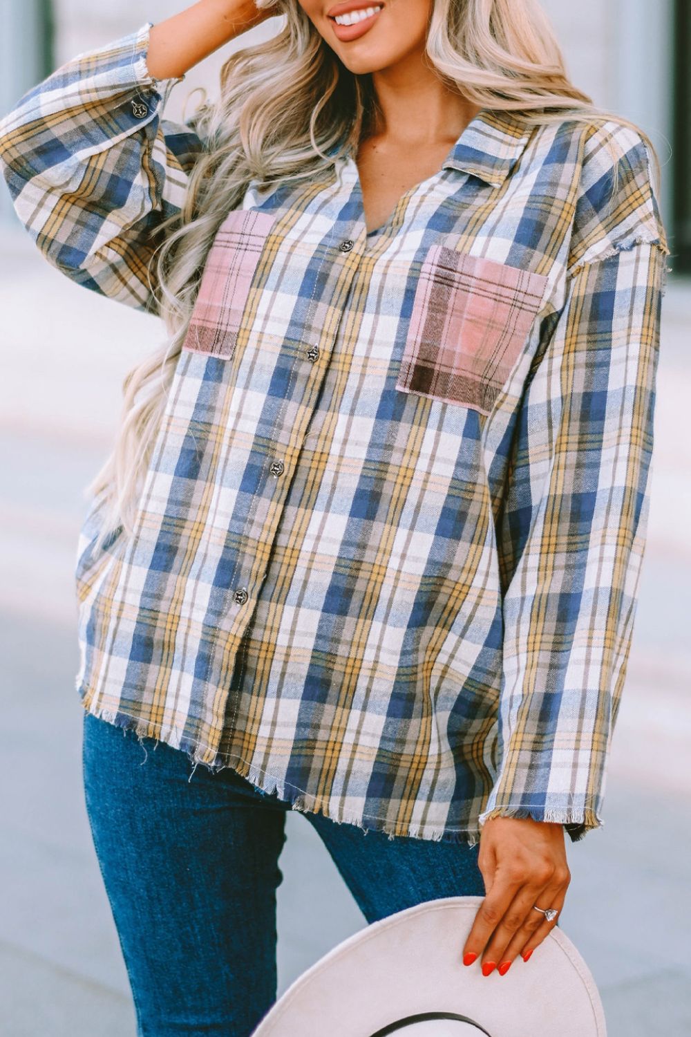 Double Take Plaid Raw Hem Dropped Shoulder Johnny Collar Shirt