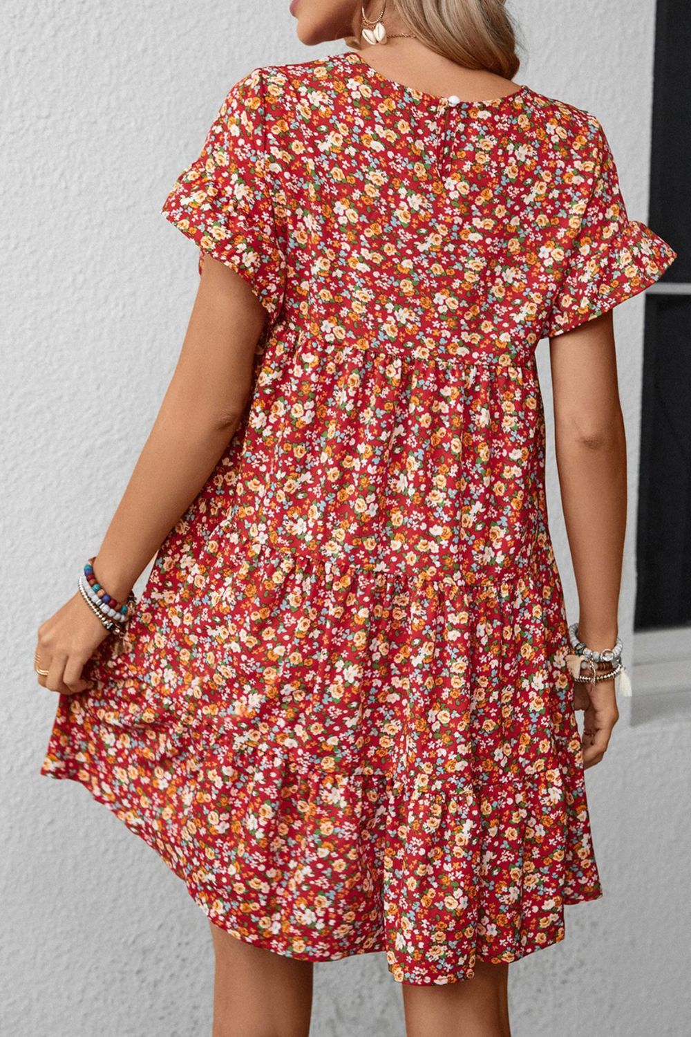 Floral Round Neck Flounce Sleeve Dress