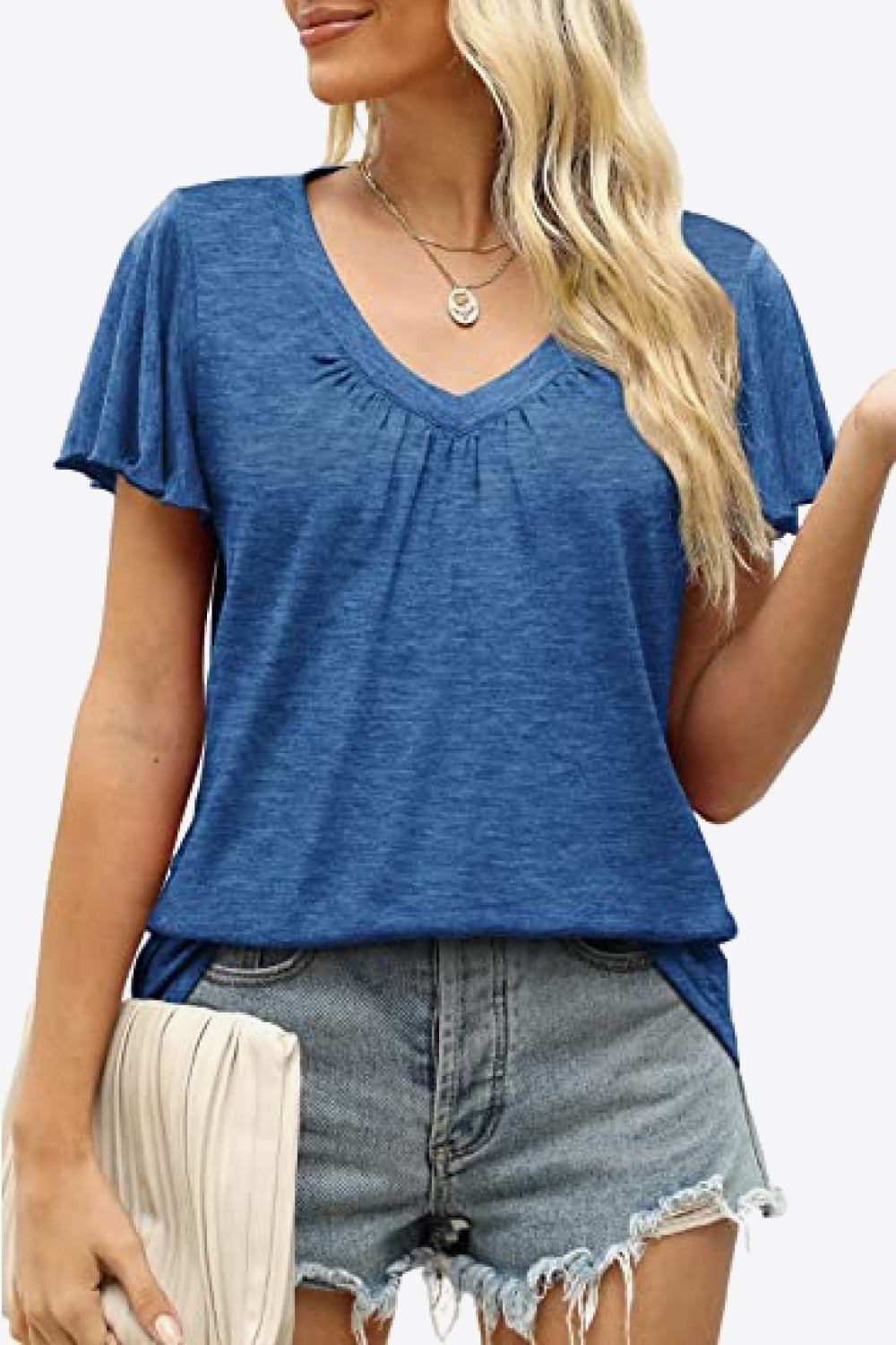 V-Neck Flutter Sleeve Tee Shirt