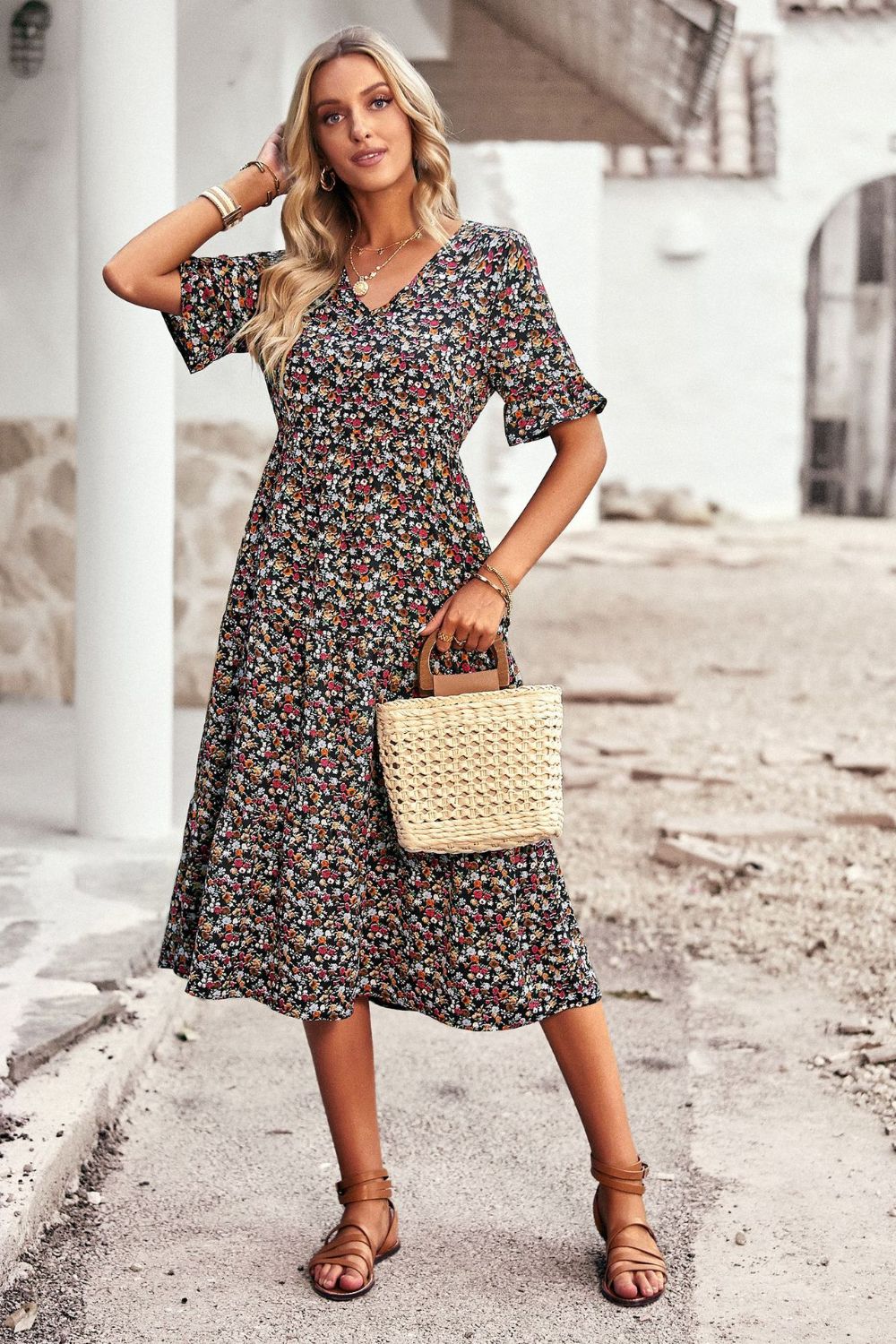 Floral V-Neck Flounce Sleeve Midi Dress