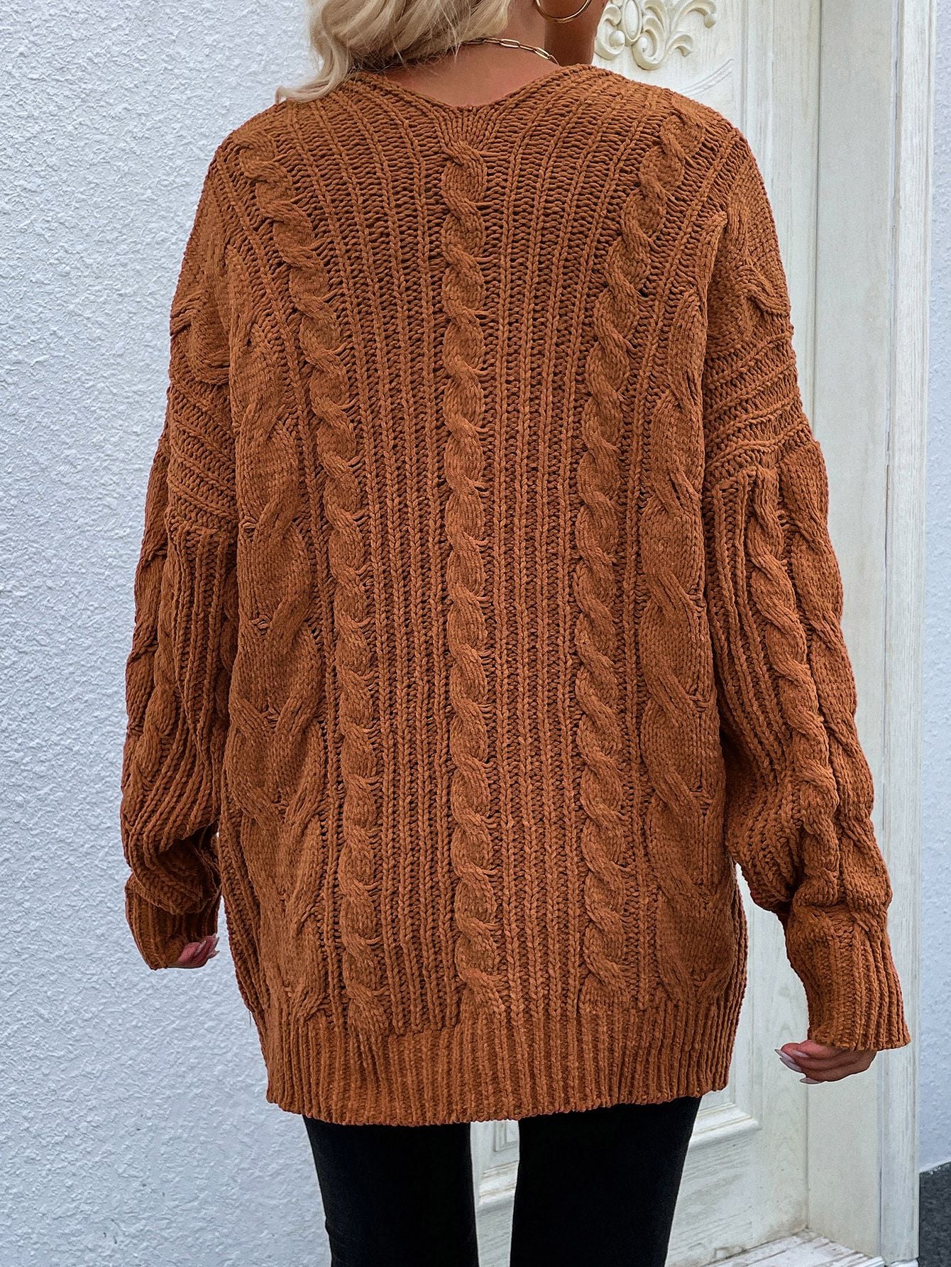 Cable-Knit Open Front Cardigan with Front Pockets