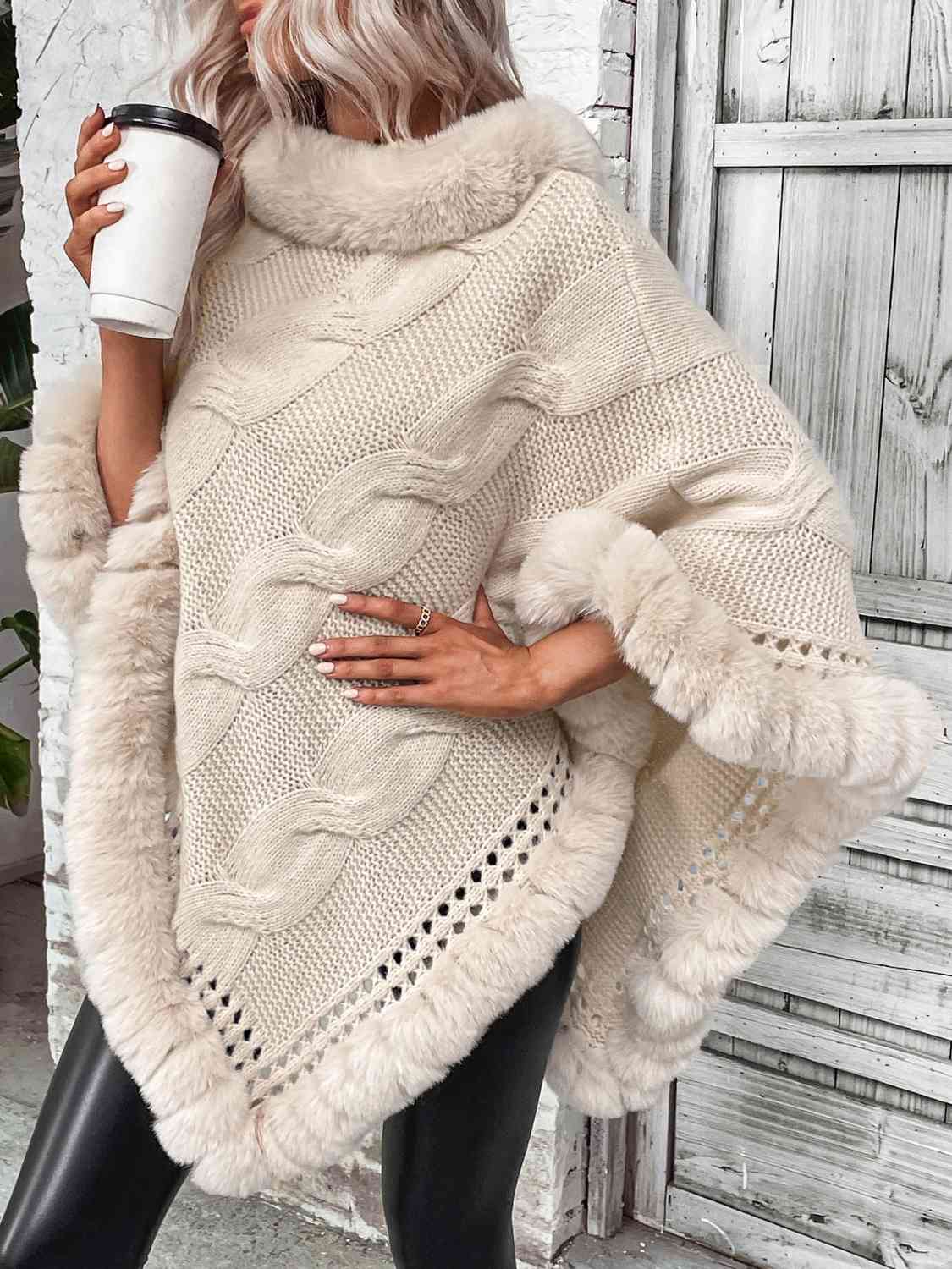 Faux Fur Trim Cable-Knit Poncho