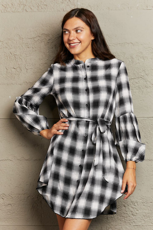 Plaid Tie Waist Lantern Sleeve Mini Dress