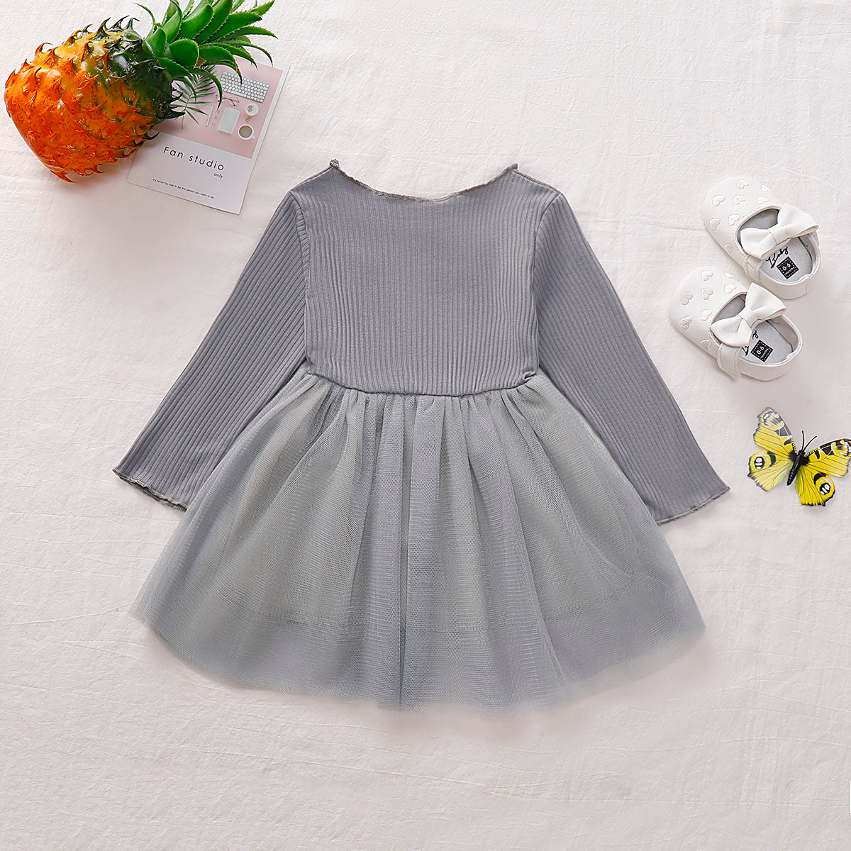 Girls Round Neck Ribbed Tulle Dress