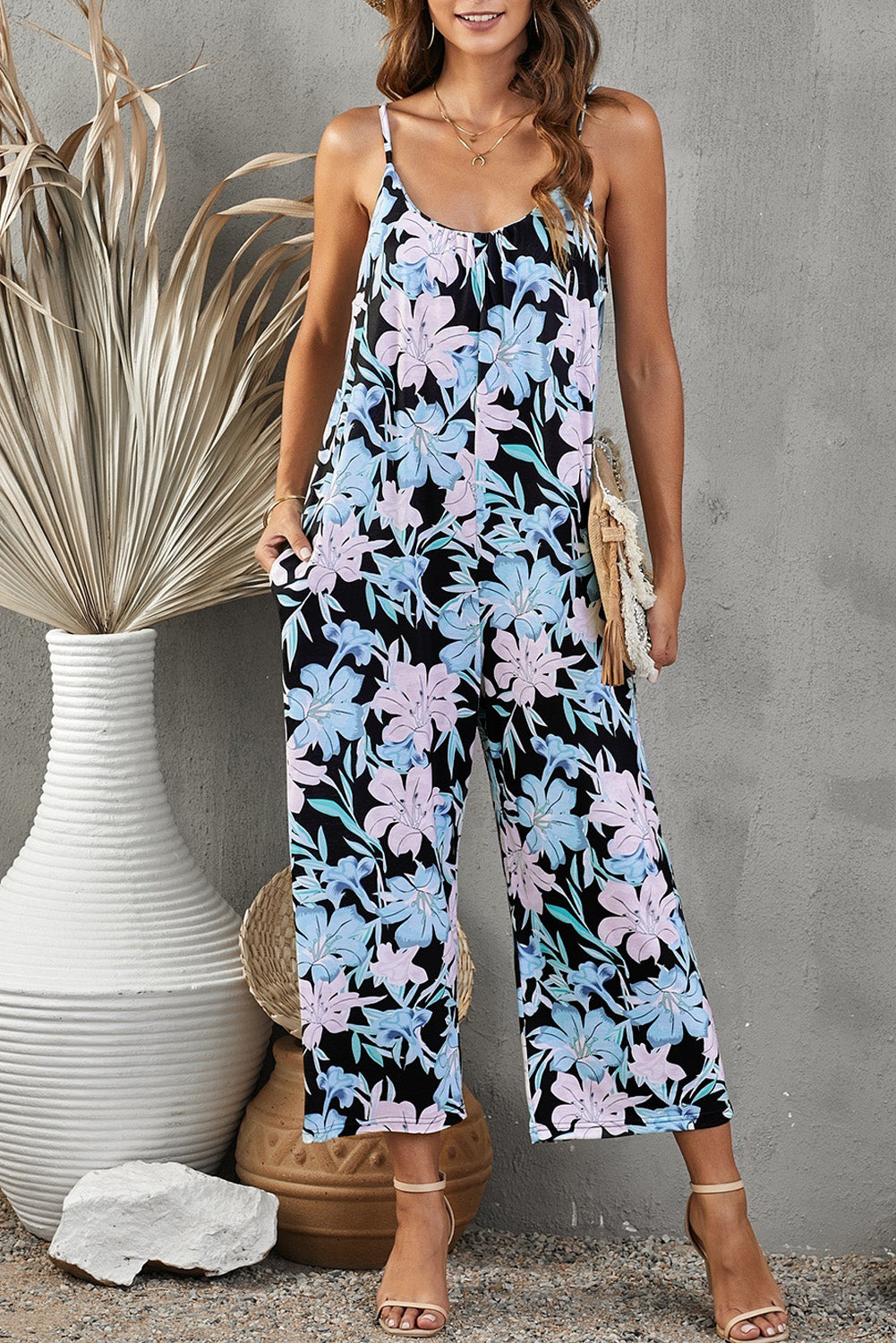 Botanical Print Spaghetti Strap Cropped Jumpsuit