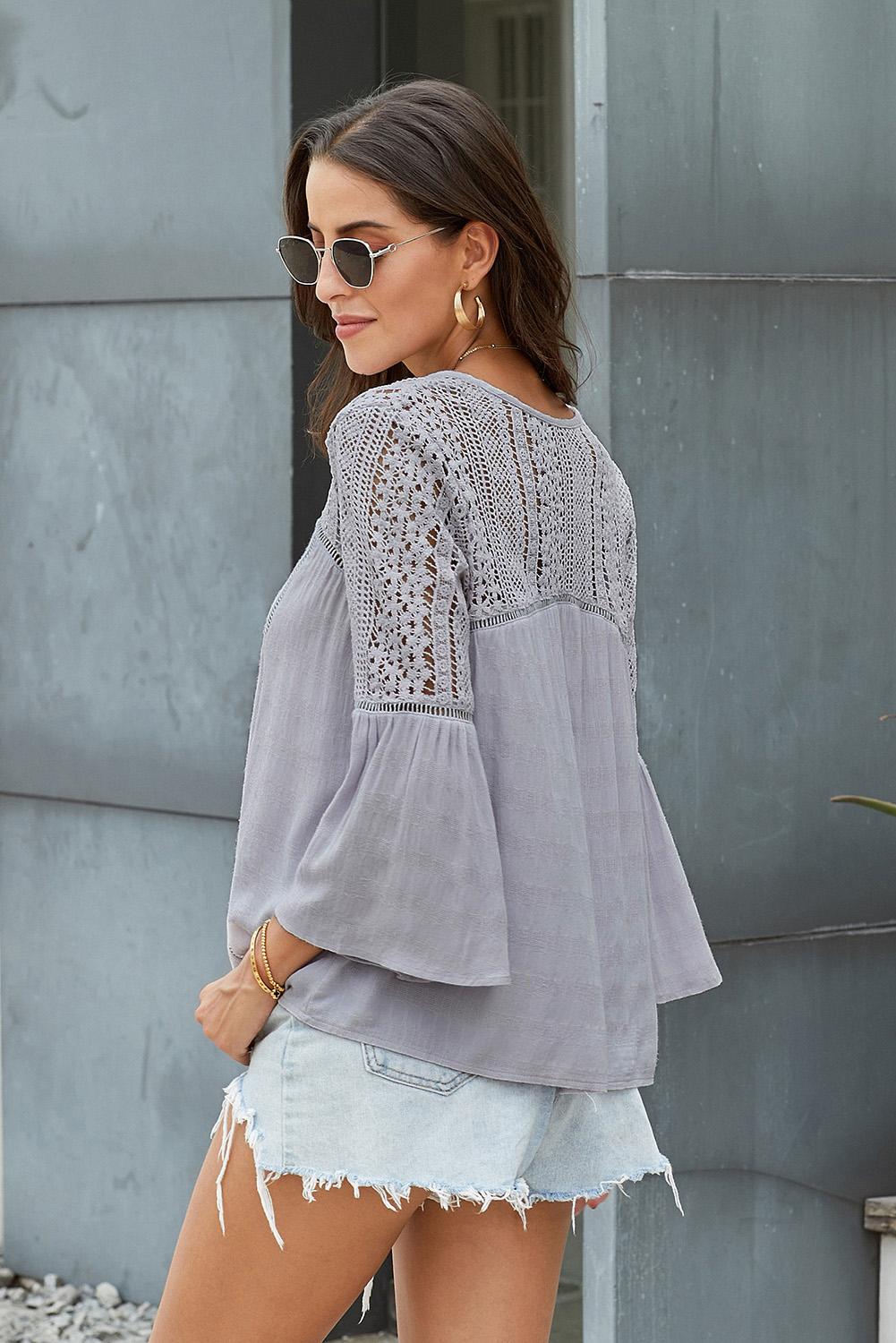 Flare Sleeve Spliced Lace V-Neck Shirt