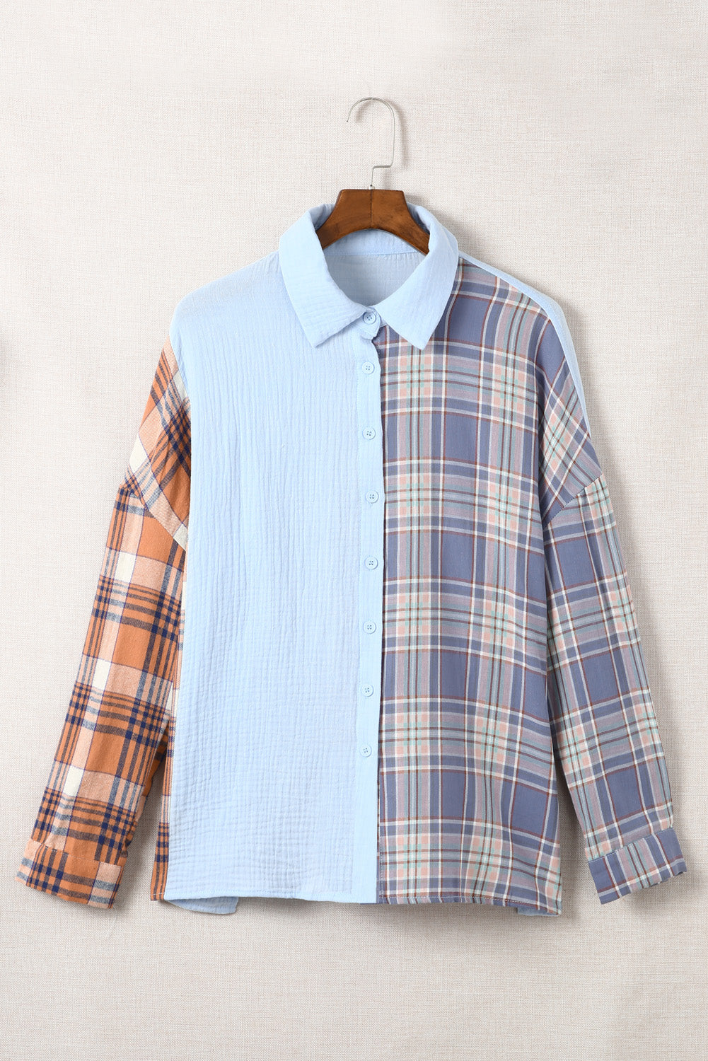 Plaid Color Block Textured Drop Shoulder Shirt Jacket