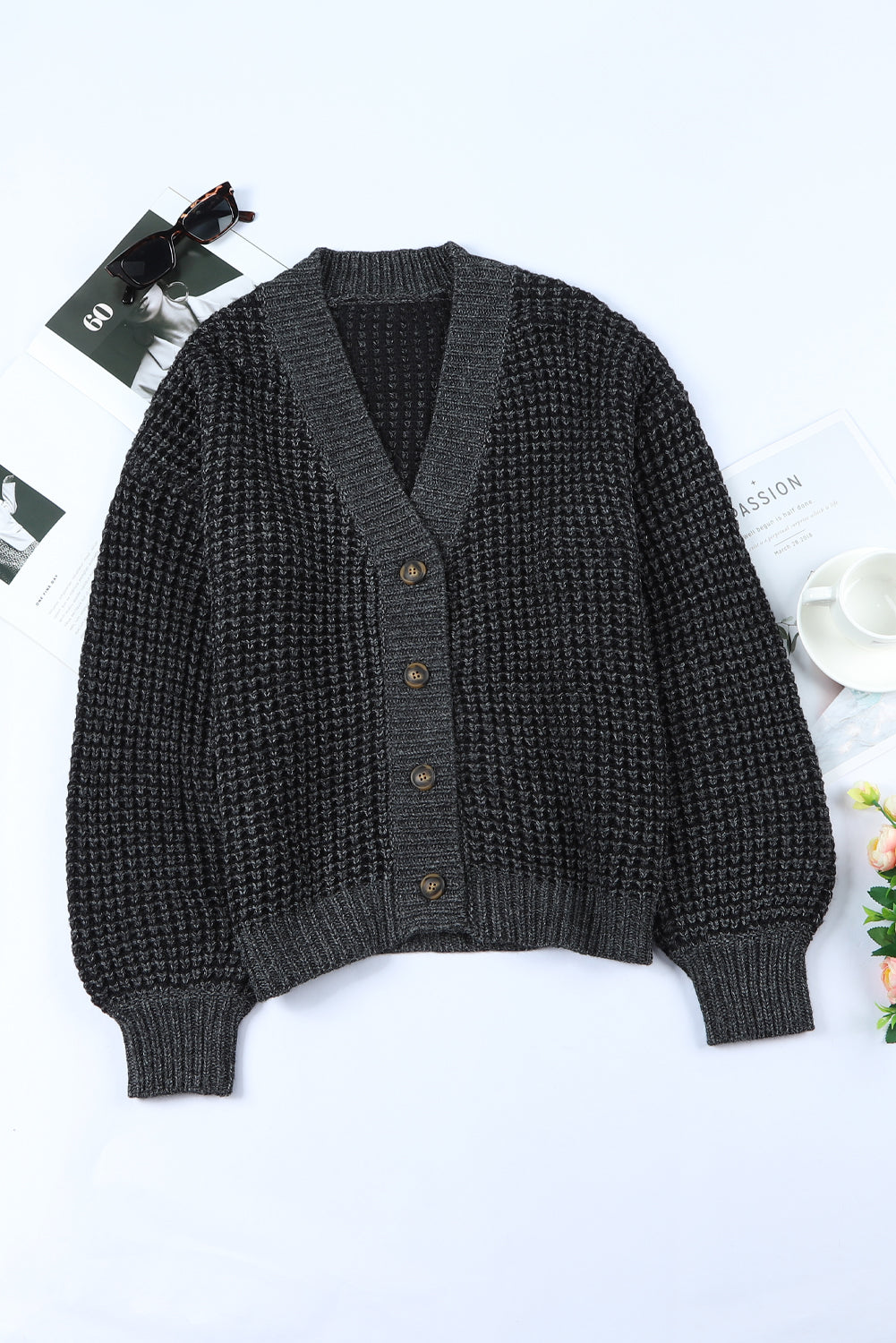 Waffle-Knit Drop Shoulder Button-Down Cardigan