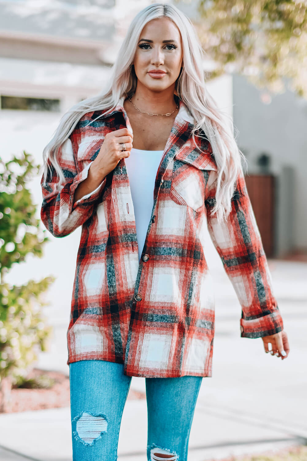 Double Take Plaid Button Up Shirt Jacket with Pockets