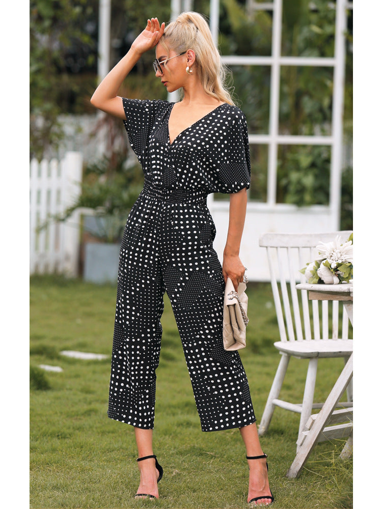 Polka Dot Surplice Neck Jumpsuit with Pockets