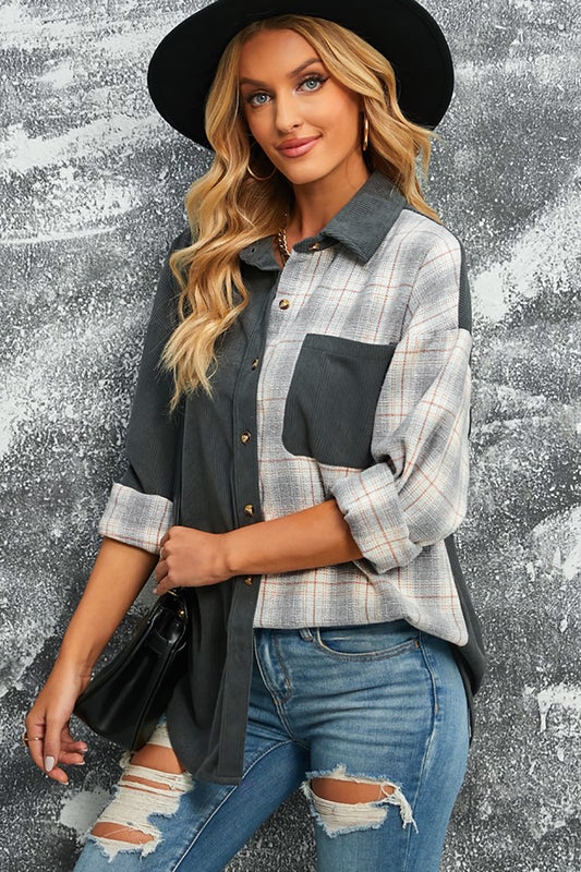 Plaid Color Block Dropped Shoulder Corduroy Shacket