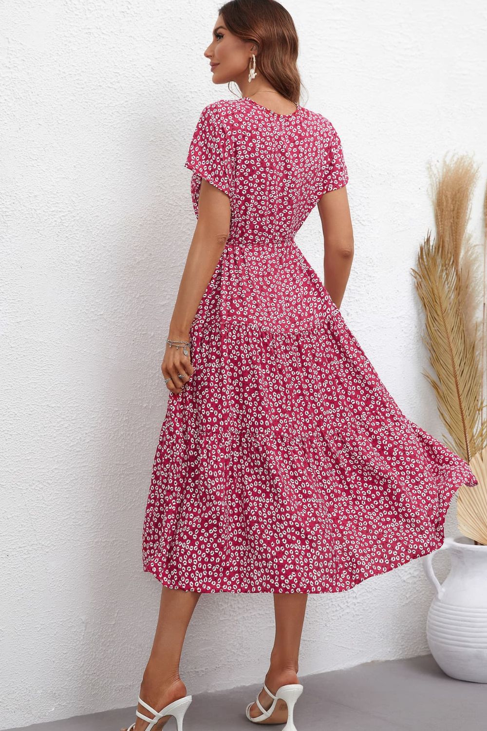 Floral Round Neck Tie Waist Tiered Midi Dress