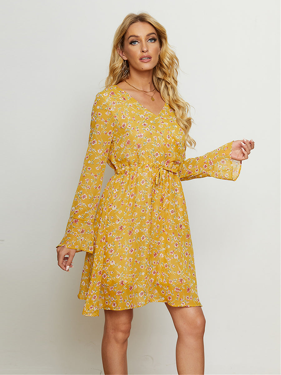 Floral Drawstring Waist V-Neck Dress