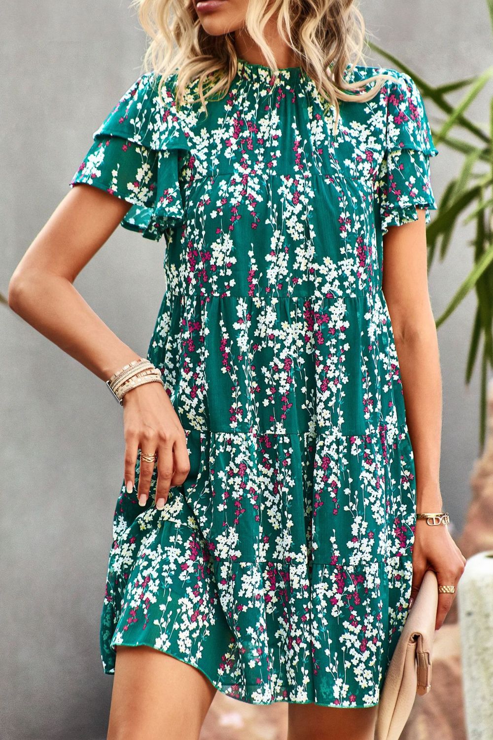 Floral Layered Flutter Sleeve Dress