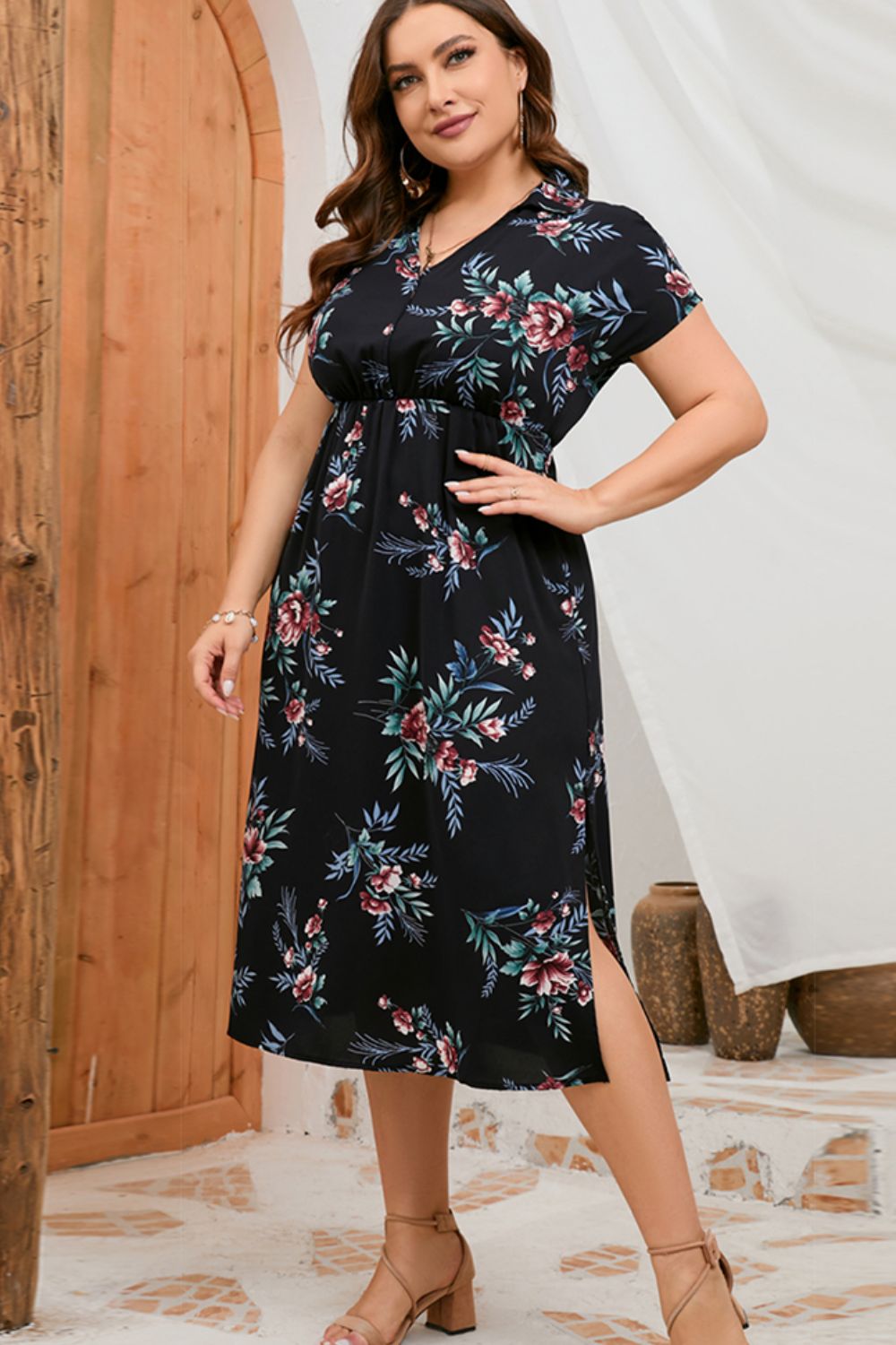 Plus Size Floral Johnny Collar Short Sleeve Dress