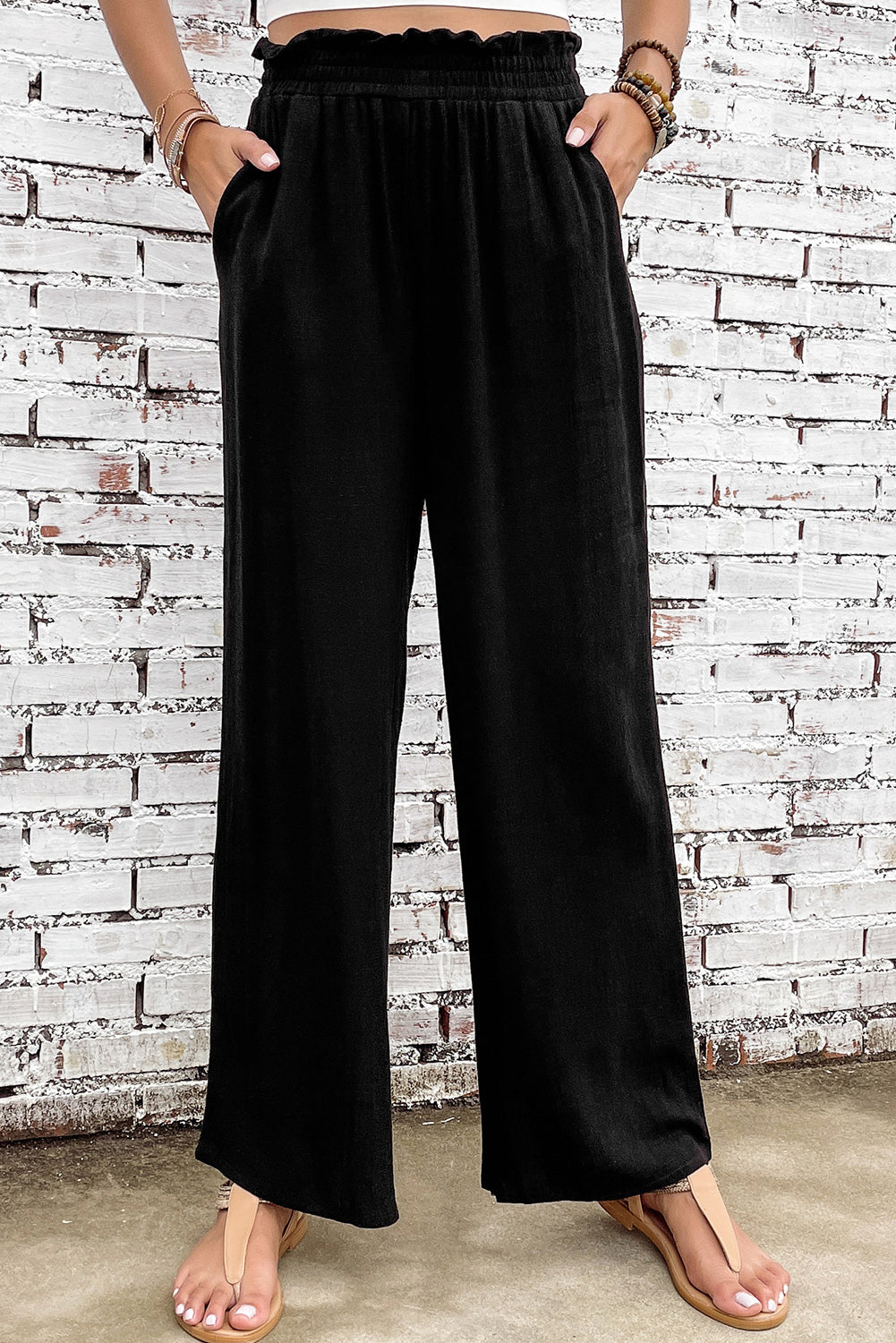 Elastic Waist Straight Leg Pants with Pockets