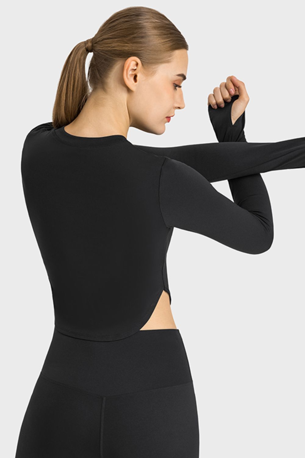 Side Slit Long Sleeve Round Neck Crop Top