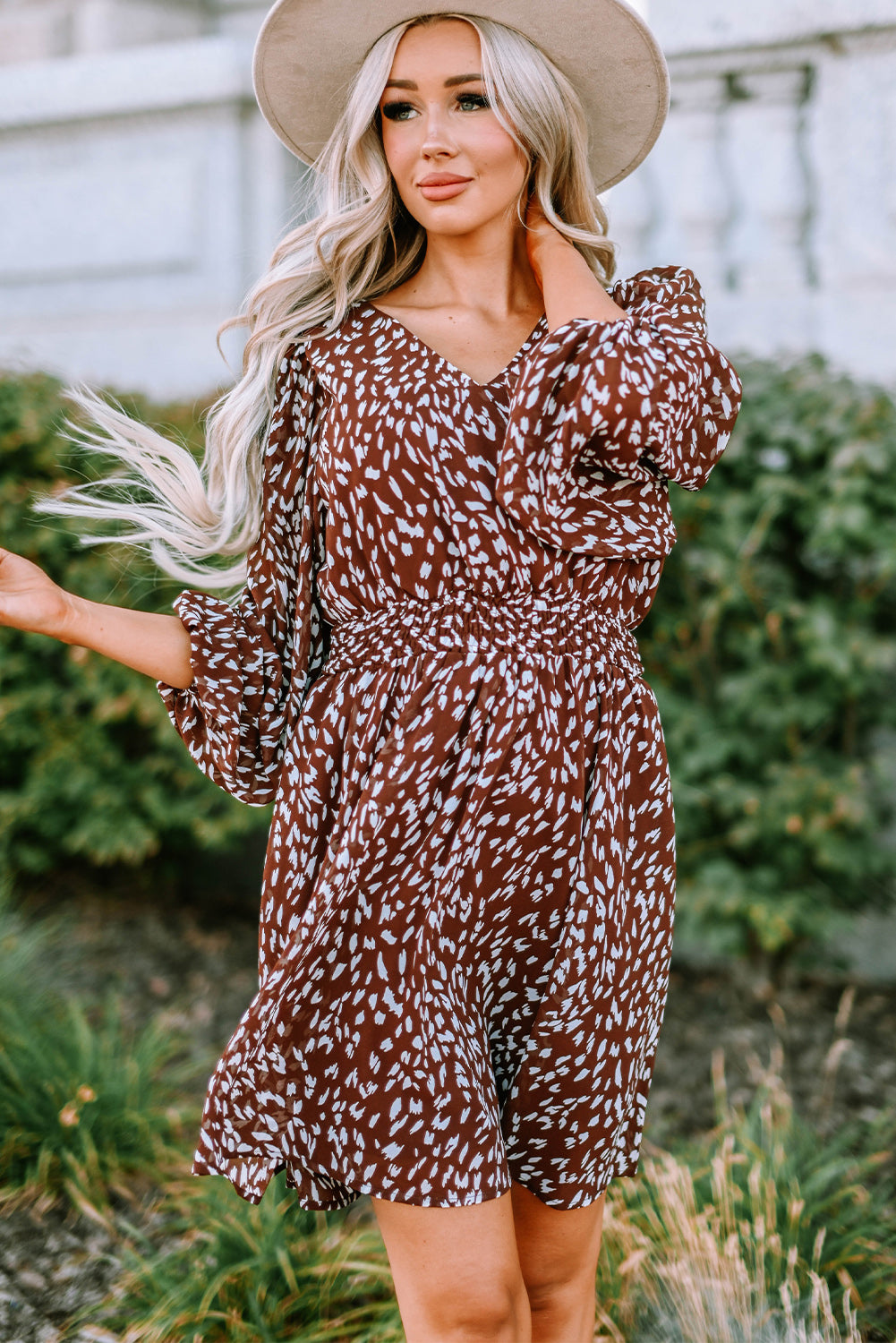 Printed Balloon Sleeve V-Neck Dress