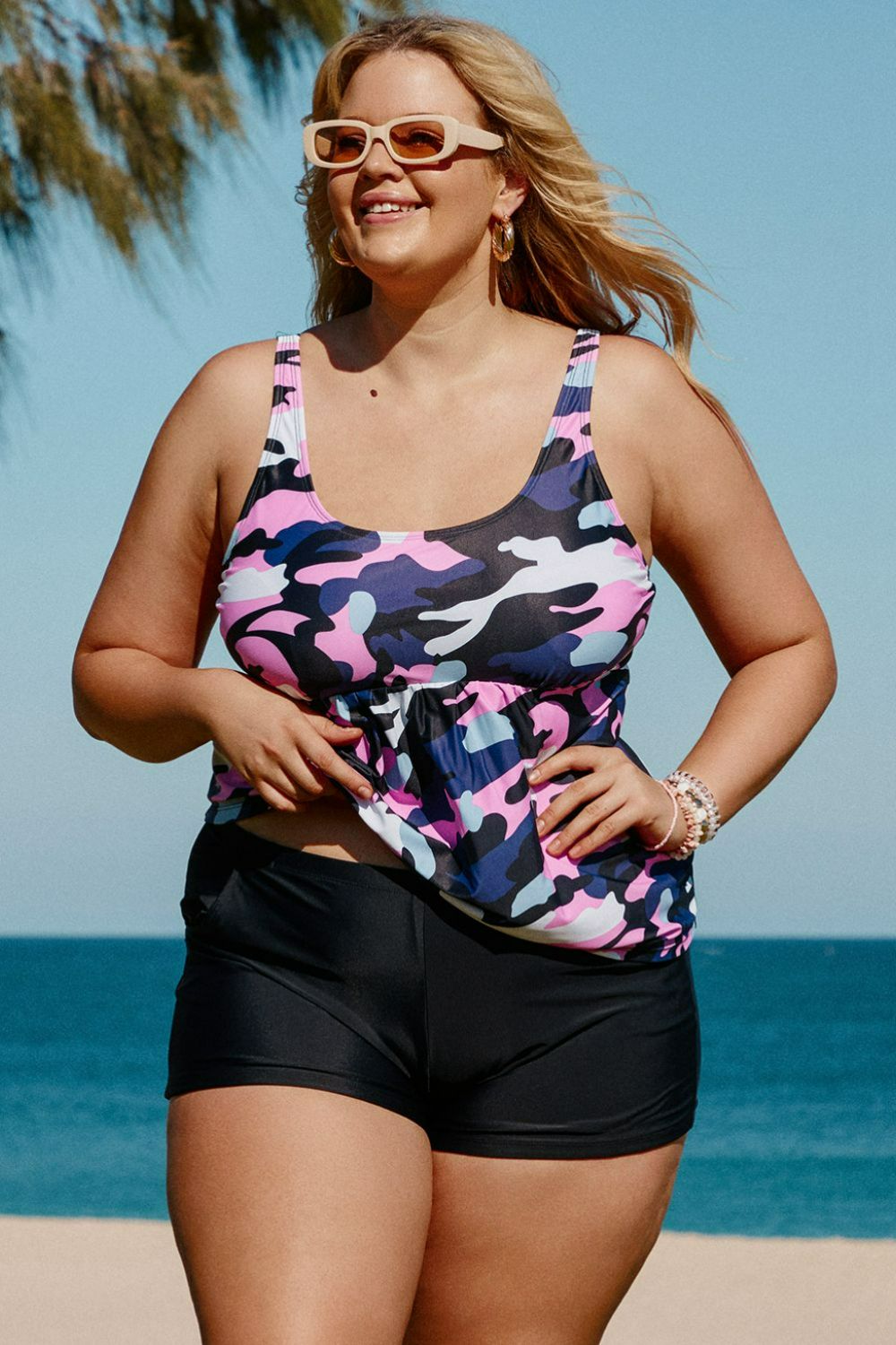 Plus Size Camouflage Peplum Two-Piece Tankini Set